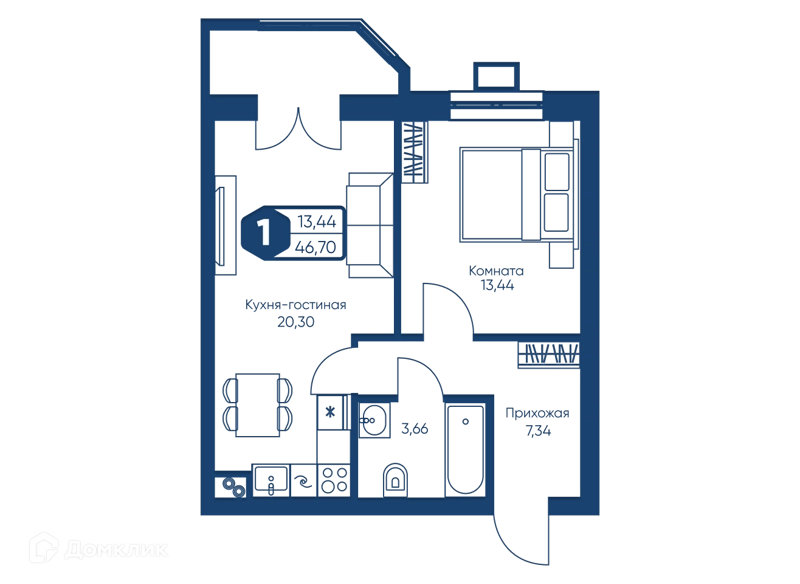 1-комнатная квартира 46.7 м² Мечта-квартал Любовь