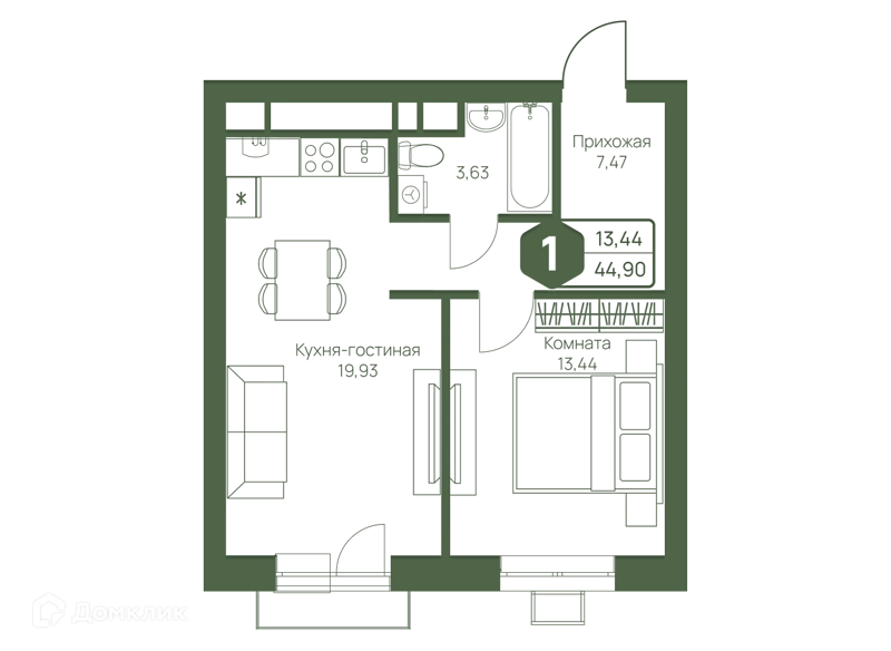 1-комнатная квартира 44.9 м² Мечта-квартал Любовь