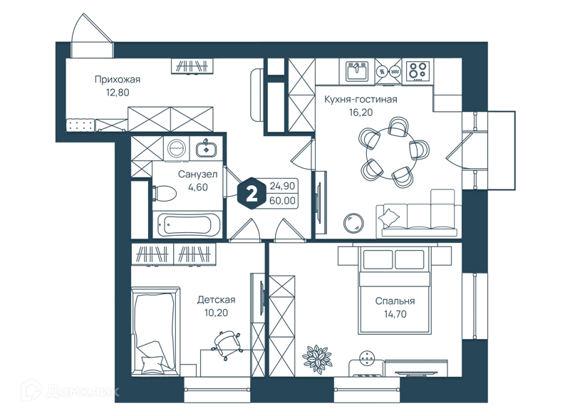 2-комнатная квартира 60 м² Мечта-квартал Любовь