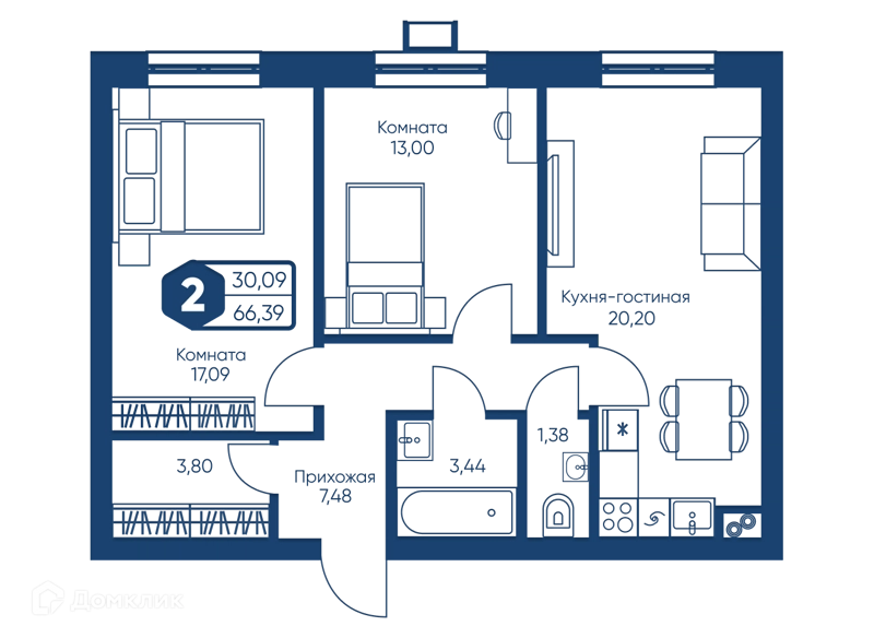 2-комнатная квартира 66.39 м² Мечта-квартал Любовь
