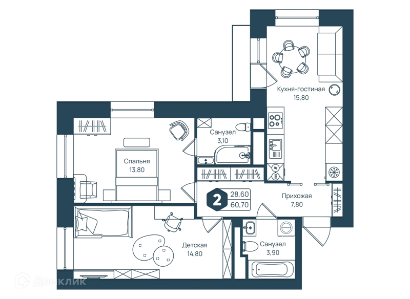 2-комнатная квартира 60.7 м² Мечта-квартал Любовь