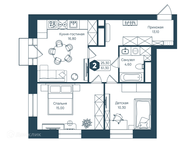 2-комнатная квартира 61.3 м² Мечта-квартал Любовь