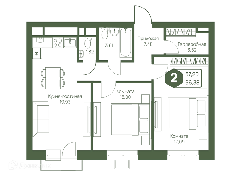 2-комнатная квартира 66.38 м² Мечта-квартал Любовь