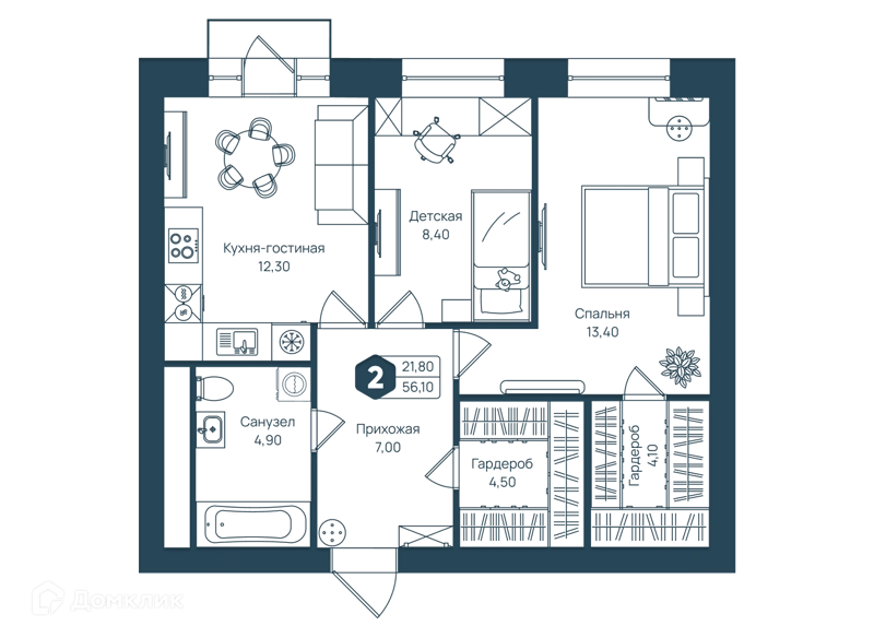 2-комнатная квартира 56.1 м² Мечта-квартал Любовь