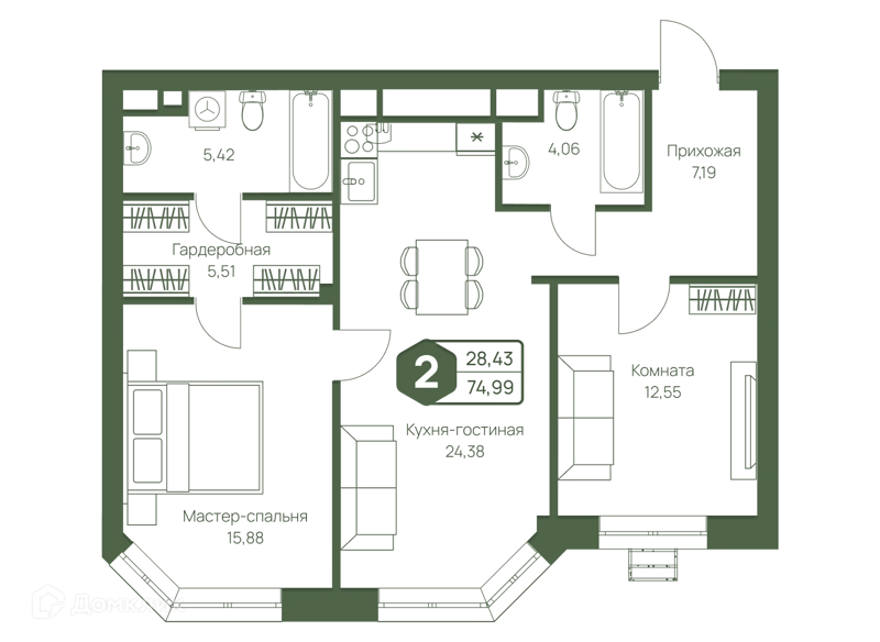 2-комнатная квартира 74.99 м² Мечта-квартал Любовь