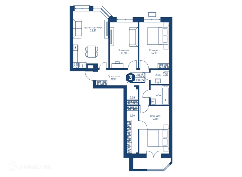 3-комнатная квартира 101.09 м² Мечта-квартал Любовь