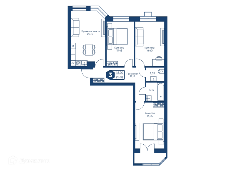 3-комнатная квартира 91.48 м² Мечта-квартал Любовь