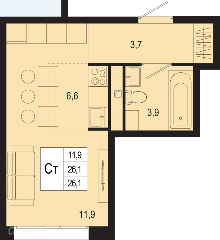Студия 26.1 м² Новая Щербинка
