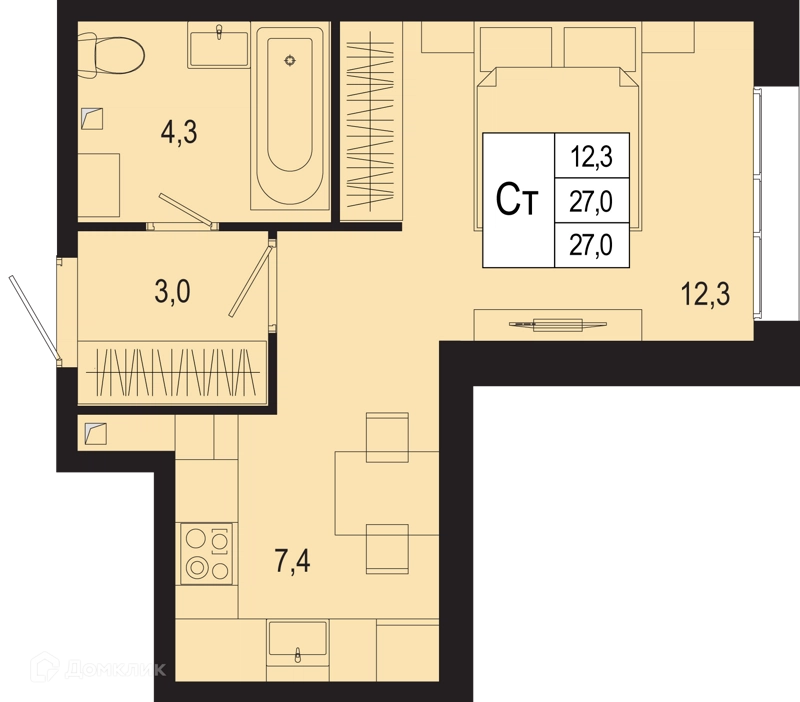 Студия 27 м² Новая Щербинка