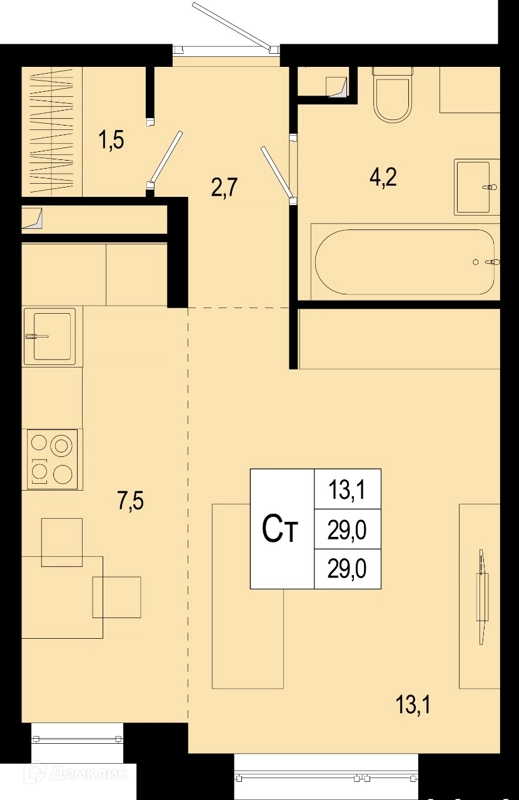 Студия 29 м² Новая Щербинка