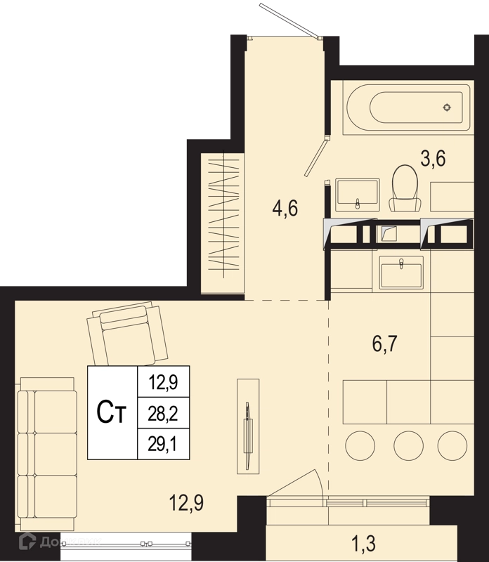 Студия 28.2 м² Новая Щербинка
