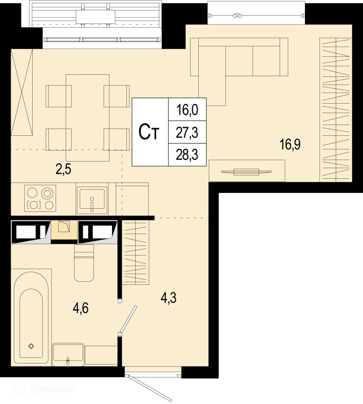 Студия 28.3 м² Новая Щербинка