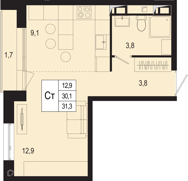 Студия 30.1 м² Новая Щербинка