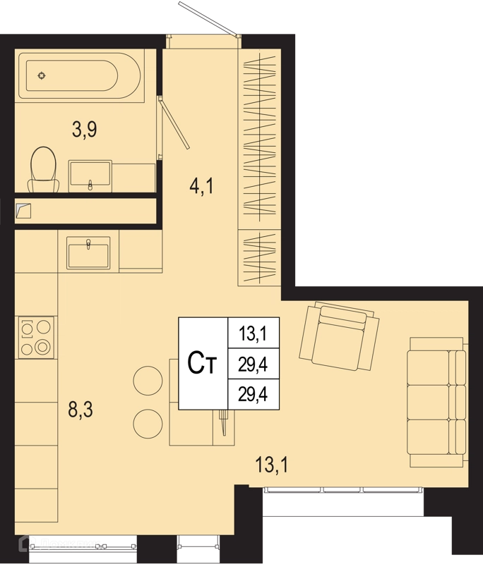 Студия 29.4 м² Новая Щербинка