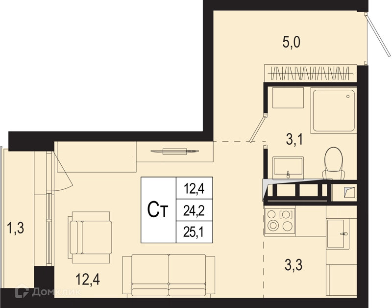 Студия 24.2 м² Новая Щербинка