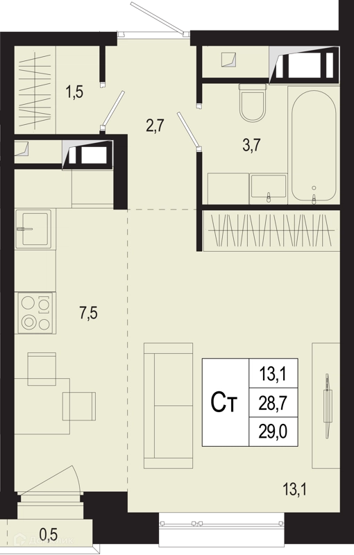 Студия 28.7 м² Новая Щербинка