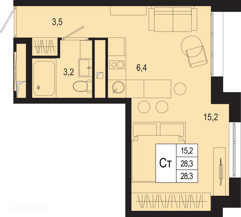 Студия 28.3 м² Новая Щербинка