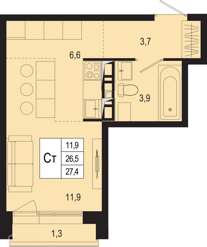 Студия 26.5 м² Новая Щербинка