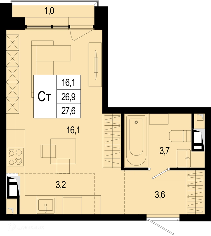 Студия 26.9 м² Новая Щербинка