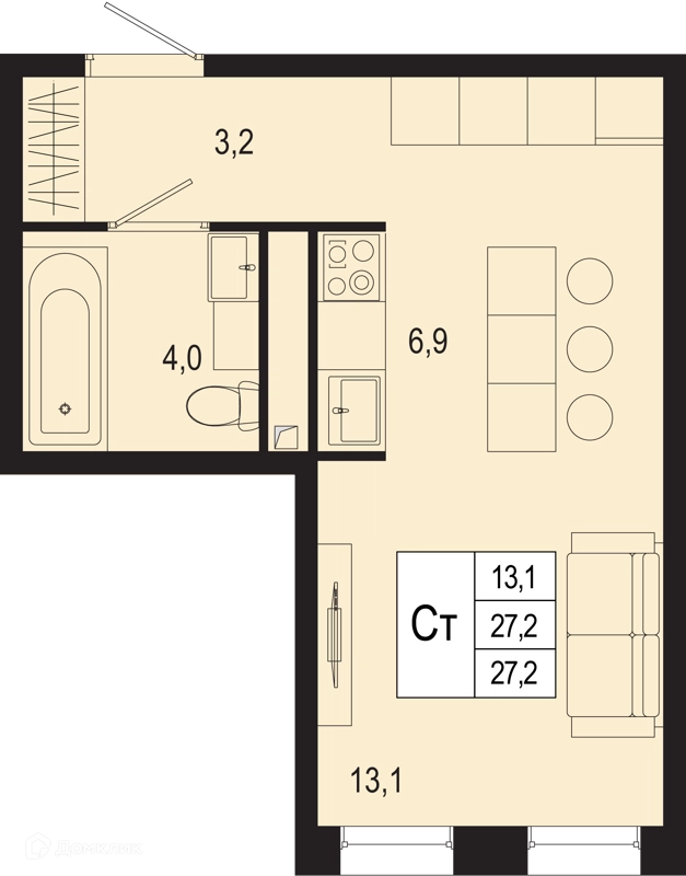Студия 27.2 м² Новая Щербинка