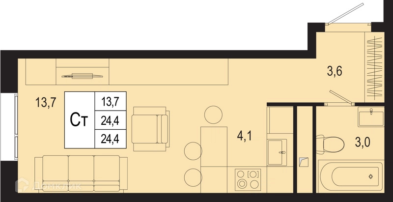 Студия 24.4 м² Новая Щербинка