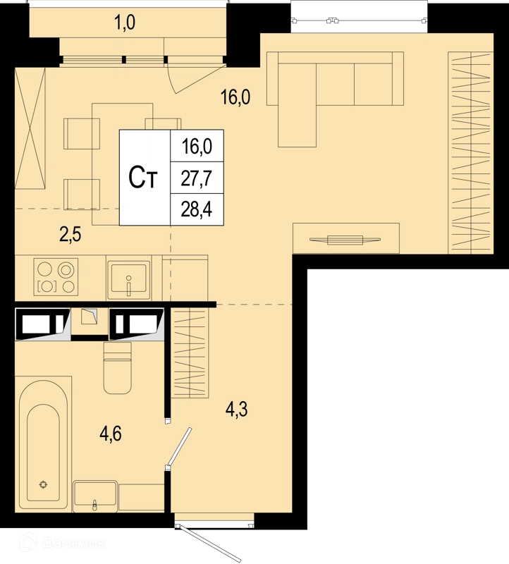 Студия 27.7 м² Новая Щербинка