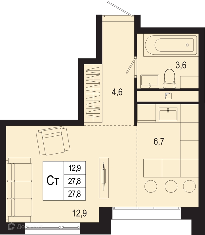 Студия 27.8 м² Новая Щербинка