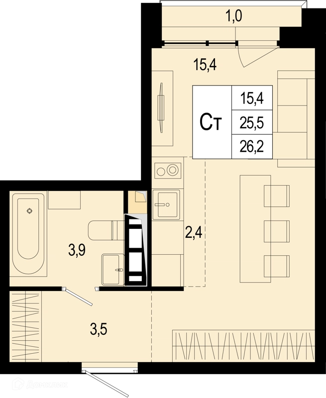 Студия 25.5 м² Новая Щербинка