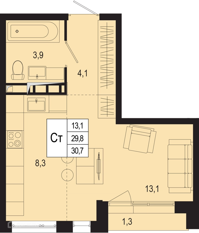 Студия 29.8 м² Новая Щербинка