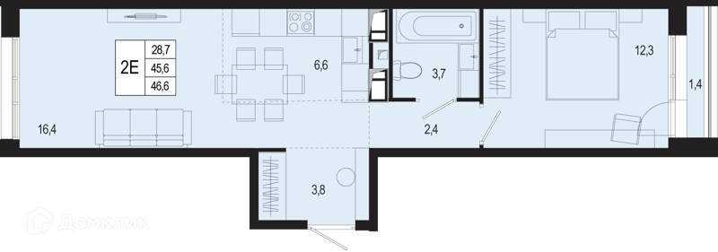 2-комнатная квартира 45.6 м² Новая Щербинка