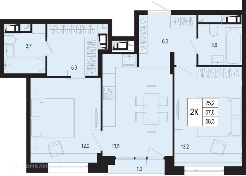 2-комнатная квартира 57.6 м² Новая Щербинка