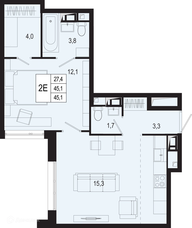 2-комнатная квартира 45.1 м² Новая Щербинка