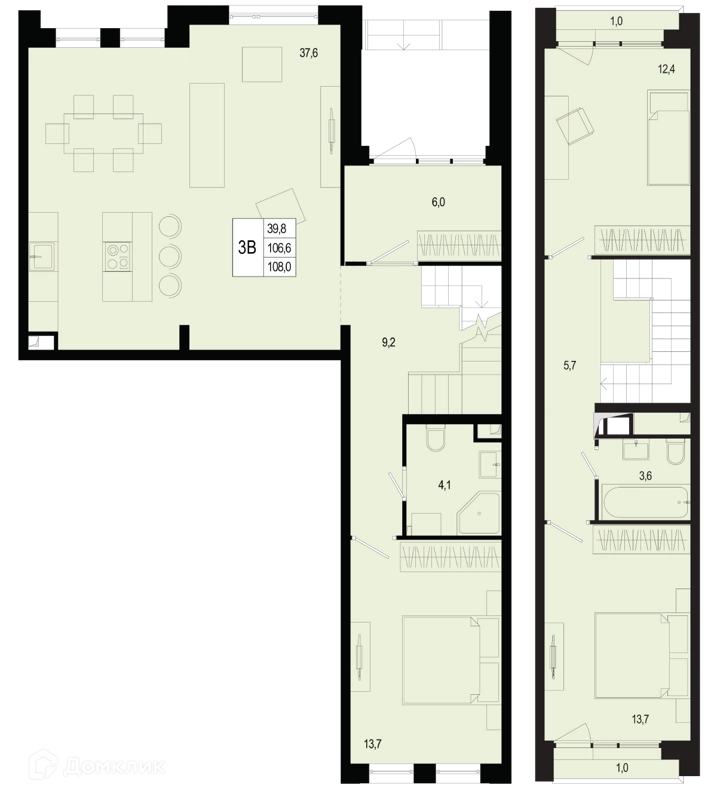 3-комнатная квартира 106.6 м² Новая Щербинка