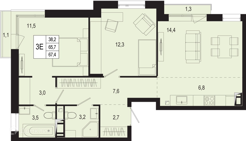 3-комнатная квартира 65.7 м² Новая Щербинка