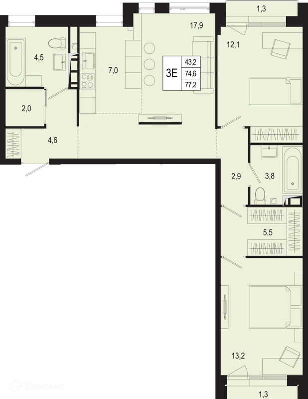 3-комнатная квартира 74.6 м² Новая Щербинка