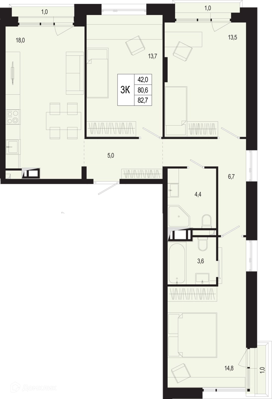 3-комнатная квартира 80.6 м² Новая Щербинка
