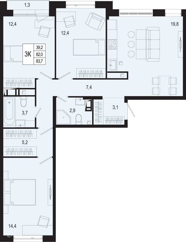 3-комнатная квартира 82 м² Новая Щербинка