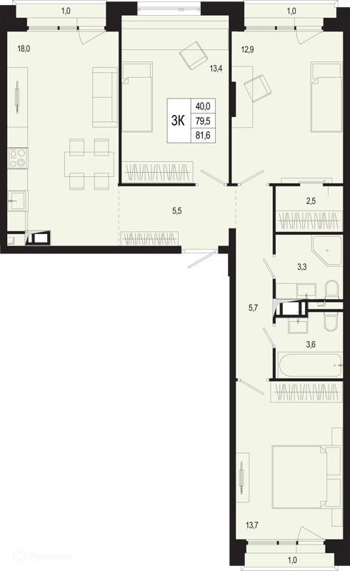3-комнатная квартира 79.5 м² Новая Щербинка