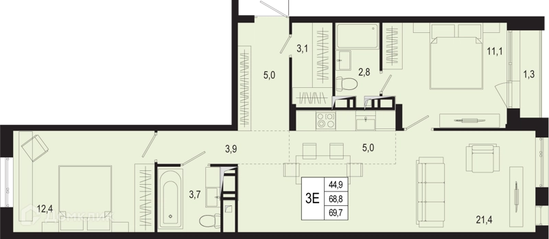 3-комнатная квартира 68.8 м² Новая Щербинка