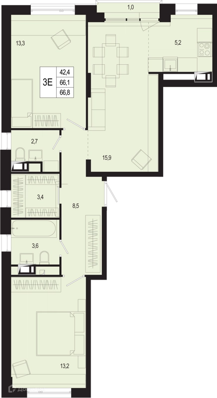 3-комнатная квартира 66.1 м² Новая Щербинка