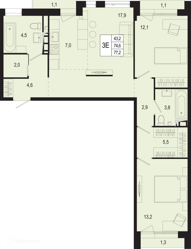 3-комнатная квартира 74.5 м² Новая Щербинка