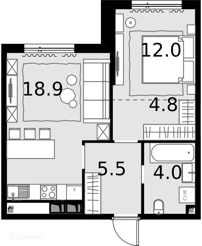 1-комнатная квартира 44.5 м² Дом МАЛЕВИЧ
