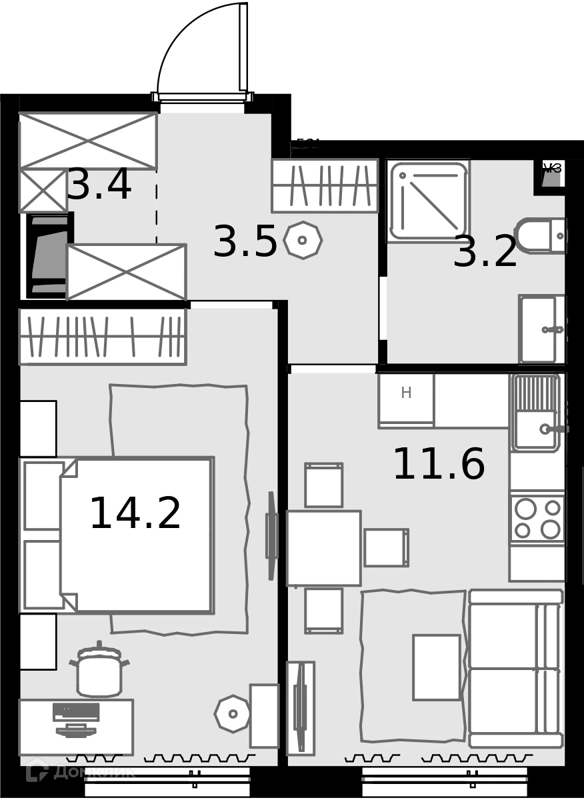 1-комнатная квартира 37.8 м² Дом МАЛЕВИЧ