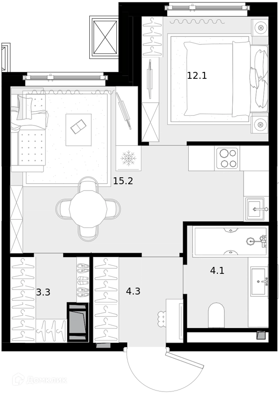1-комнатная квартира 39.3 м² Дом МАЛЕВИЧ