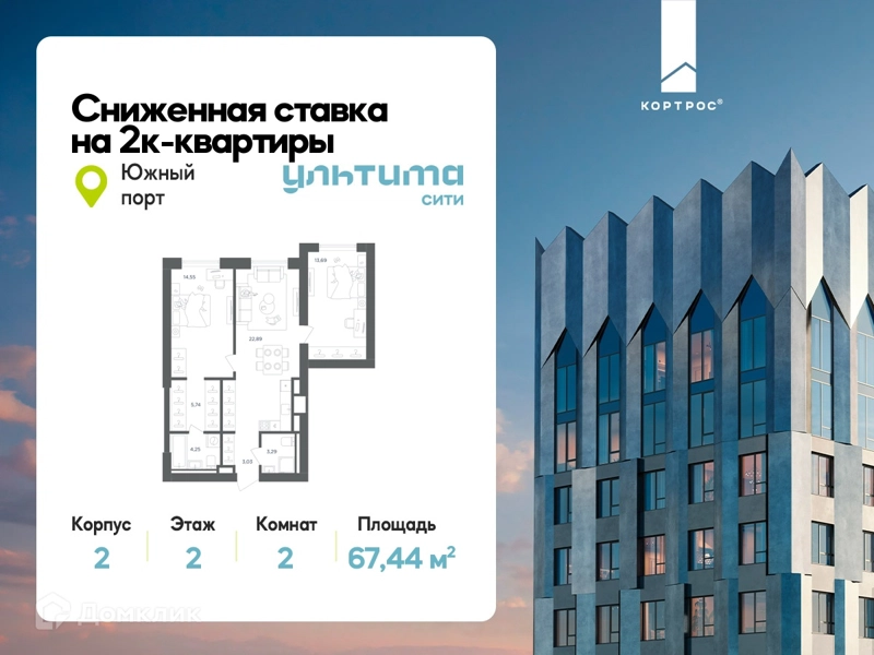 2-комнатная квартира 67.44 м² УЛЬТИМА Сити