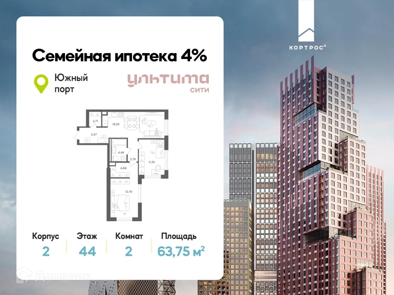 2-комнатная квартира 63.75 м² УЛЬТИМА Сити