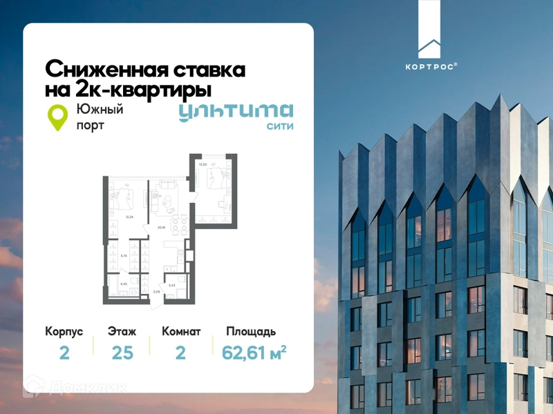 2-комнатная квартира 62.61 м² УЛЬТИМА Сити