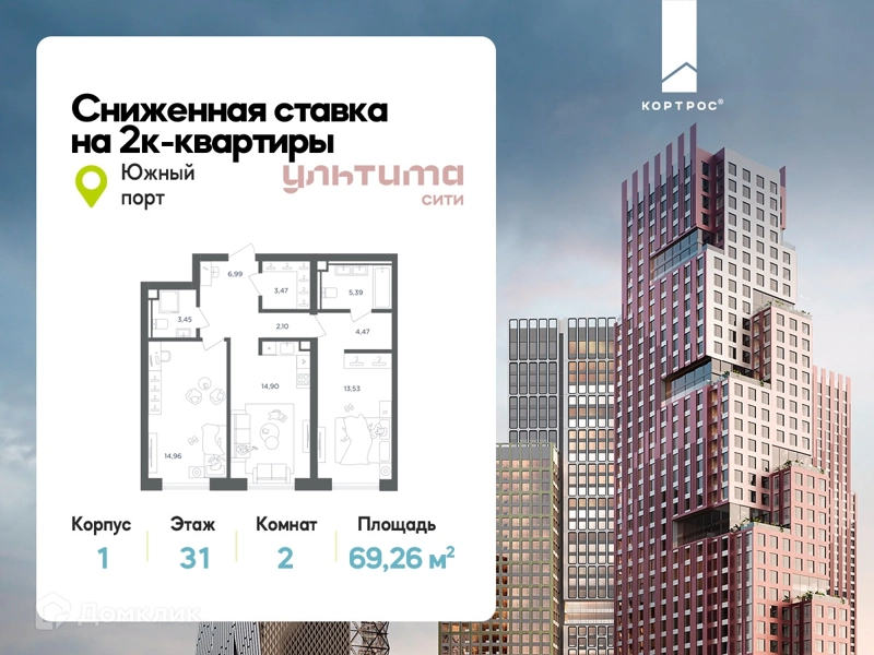 2-комнатная квартира 69.26 м² УЛЬТИМА Сити
