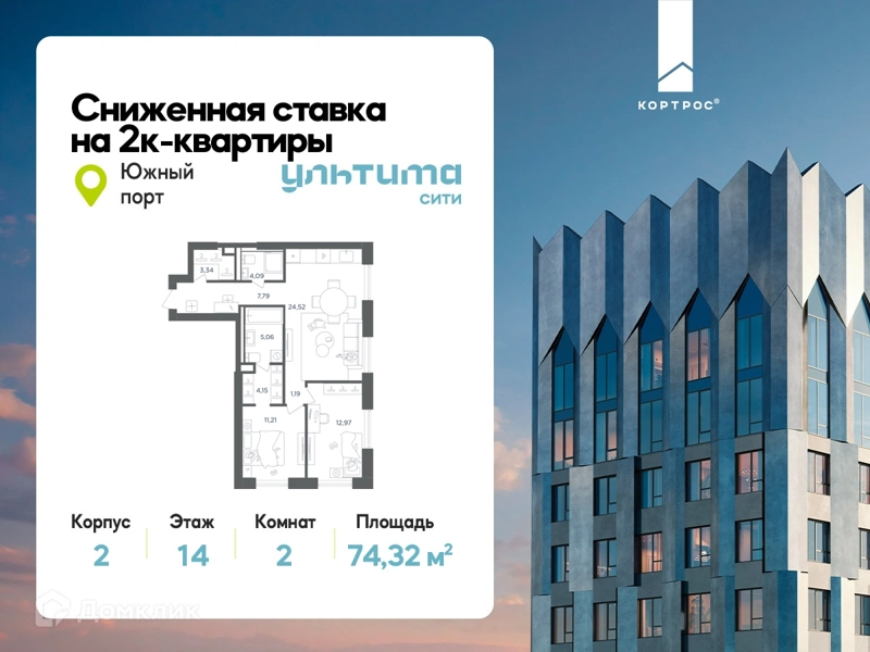 2-комнатная квартира 74.32 м² УЛЬТИМА Сити