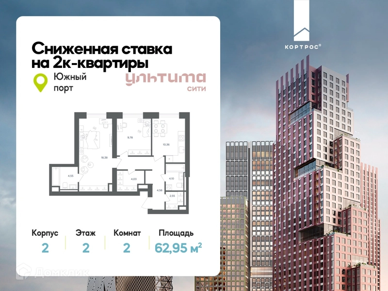 2-комнатная квартира 62.95 м² УЛЬТИМА Сити